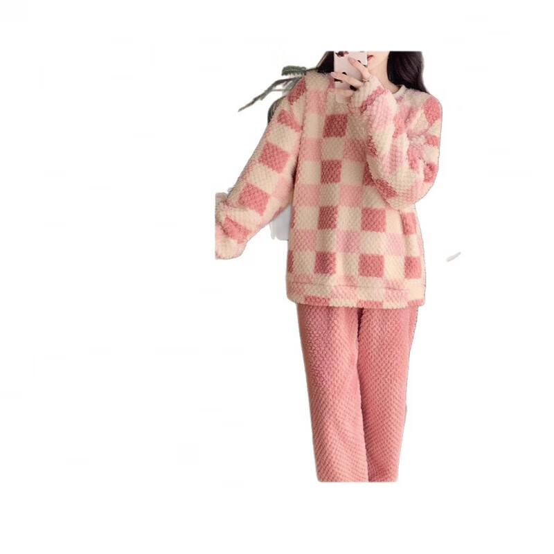 有只绵玫瑰绒睡衣女秋冬季加绒加厚格子睡衣园领可外穿法兰绒居家服 粉格子 套装 均码 80-150
