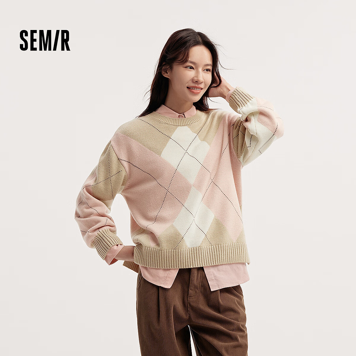 森马（Semir）森柔|毛衣女冬菱形格撞色落肩圆领宽松套头衫慵懒学院风毛衫 红咖色调00365 L