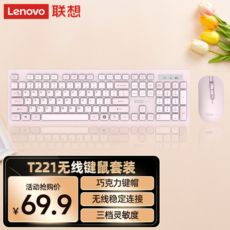 联想（Lenovo）无线键盘鼠标套装 键鼠套装 全尺寸键盘 商务办公 USB 适用笔记本台式机一体机 T221 粉色