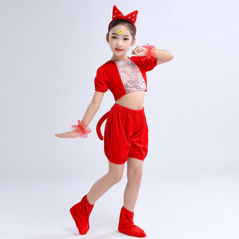 兰伶坊六一儿童节小猫演出服动物学猫叫舞蹈服幼儿园表演服春夏秋冬服装 红色发卡短款套装 110 cm