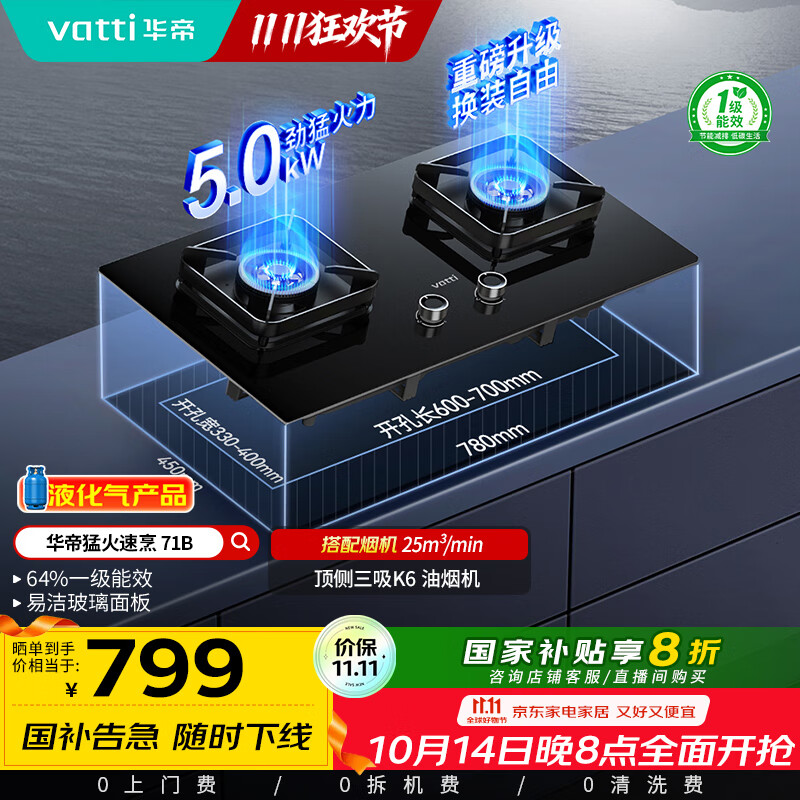 华帝（VATTI）国家补贴20%燃气灶煤气灶台式嵌入式5.0kW猛火熄火保护一级能效双灶台灶具i10071B【液化气商品