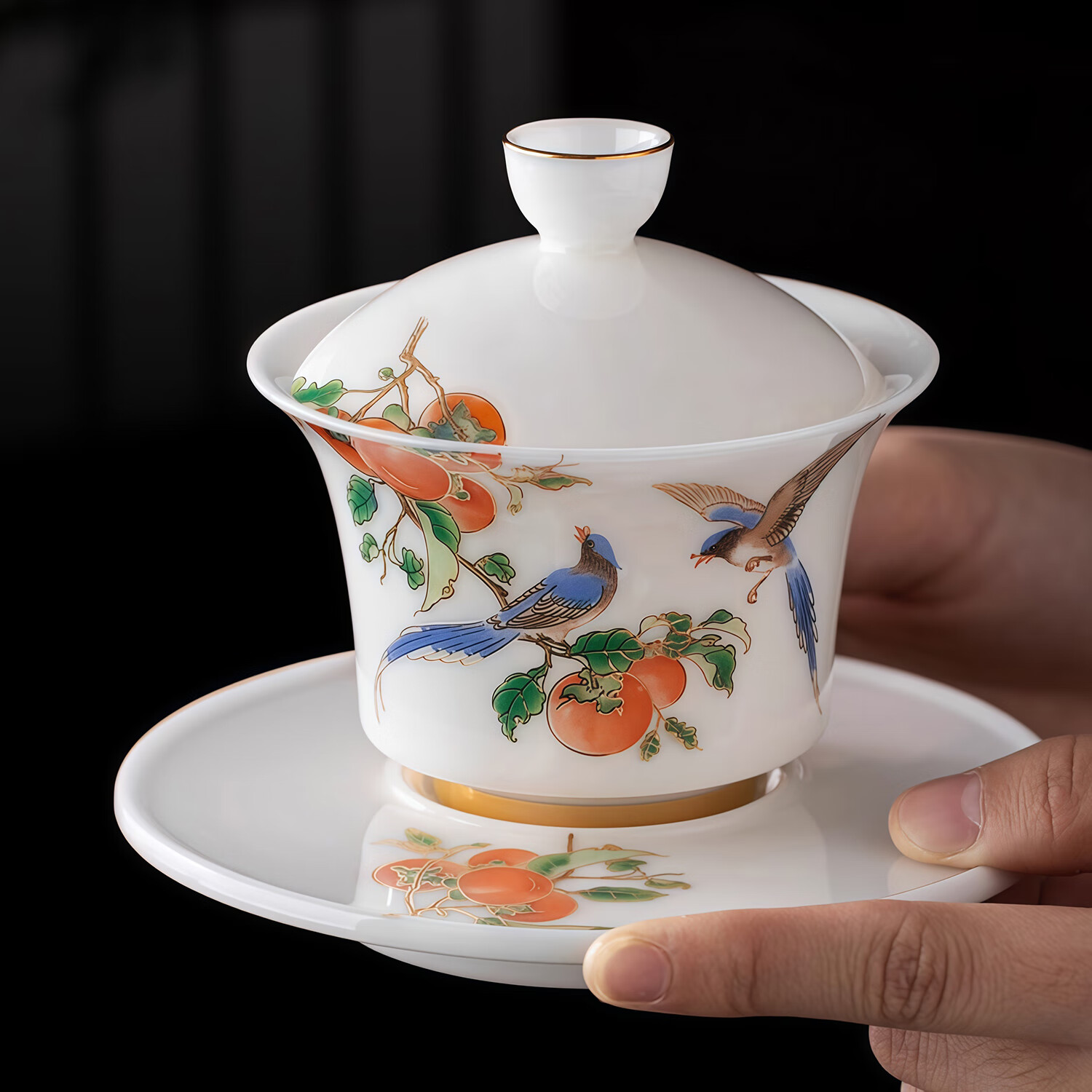 BOSSY大师作品冰种玉瓷茶具套装陶瓷白瓷盖碗茶杯品茗杯高档送礼盒装 冰种玉瓷-喜事连年茶具套装【礼盒装】