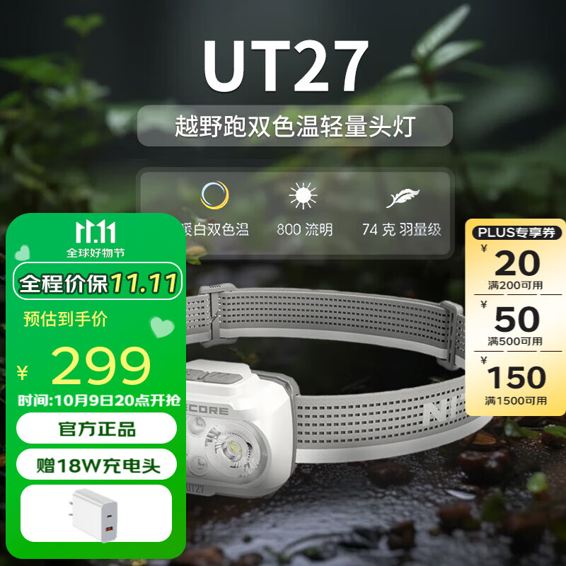 奈特科尔 UT27强光高亮头灯头戴式聚泛双光源越野跑应急检修赶海 2024升级款 白色专业版含2块电池