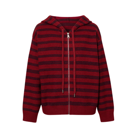 詩(shī)凡黎（'SEIFINI）連帽拉鏈撞色條紋毛衣外套2025冬新款慵懶顯瘦休閑針織開(kāi)衫 紅色 L