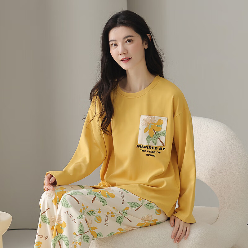芬腾睡衣女【100%纯棉】秋冬新款圆领长袖花卉睡衣女家居服套装女神节 黄色 L
