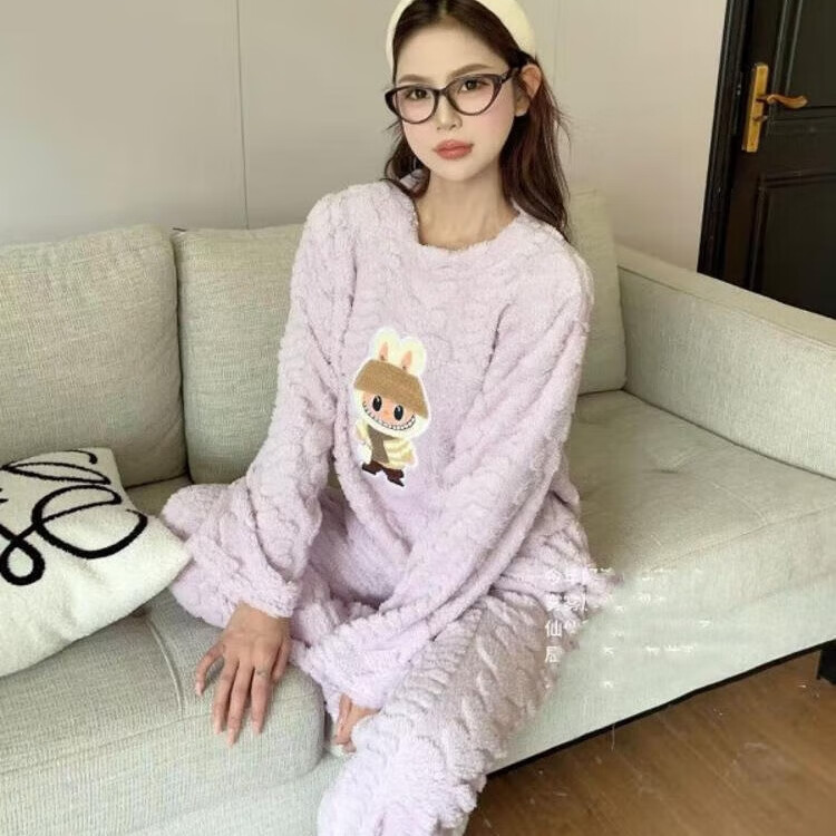 有只绵家居服套装秋冬款珊瑚绒宽松束脚松紧腰懒人睡裤家居睡衣 紫色-兔兔 均码 （90-160斤）