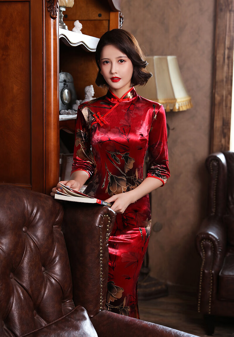 纤晟伊旗袍女 改良版连衣裙妈妈2020年初秋新款气质女装高端金丝绒