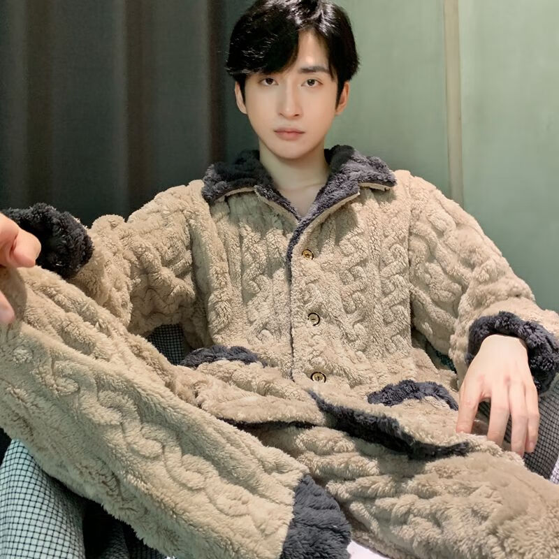 维多利亚的格调珊瑚绒睡衣男秋冬青少年加厚加绒长袖高中生毛绒家居服法兰绒套装 男长毛绒ZHL-方块格深灰五角星8153 XL (120-140斤