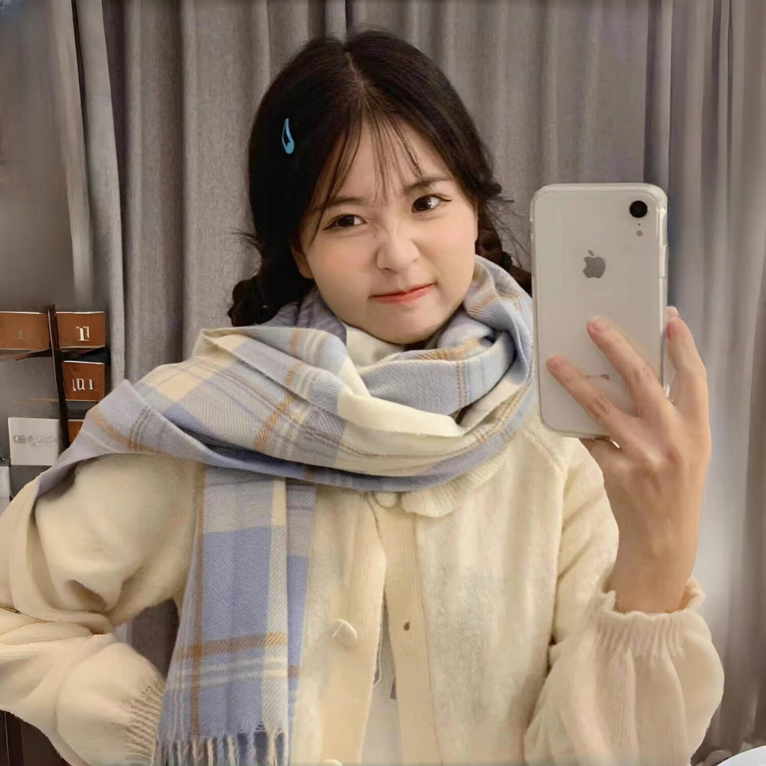 朋意韩系氛围感蓝色格子围巾女秋冬季jk百搭学生保暖高级感围脖 奶油格子围巾-蓝白-1条 JK百搭围巾