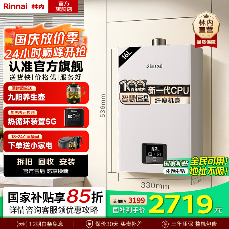 林内（Rinnai）【国家补贴立减15%】【小蛮腰】 燃气热水器天然气16升 恒温轻音 纤巧机身 16GD31 以旧换新 16L 【升级燃烧器 进口CPU】