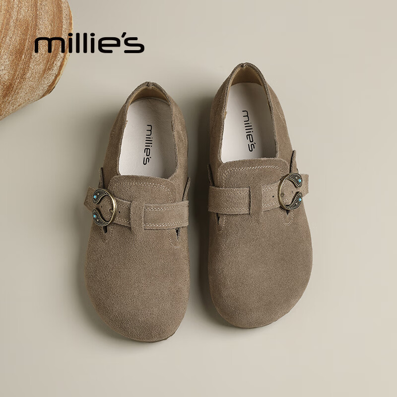 妙丽勃肯鞋女平底真皮浅口复古时尚潮流2025冬季新款通勤百搭单鞋 羚羊棕 35 (225mm) 标准码