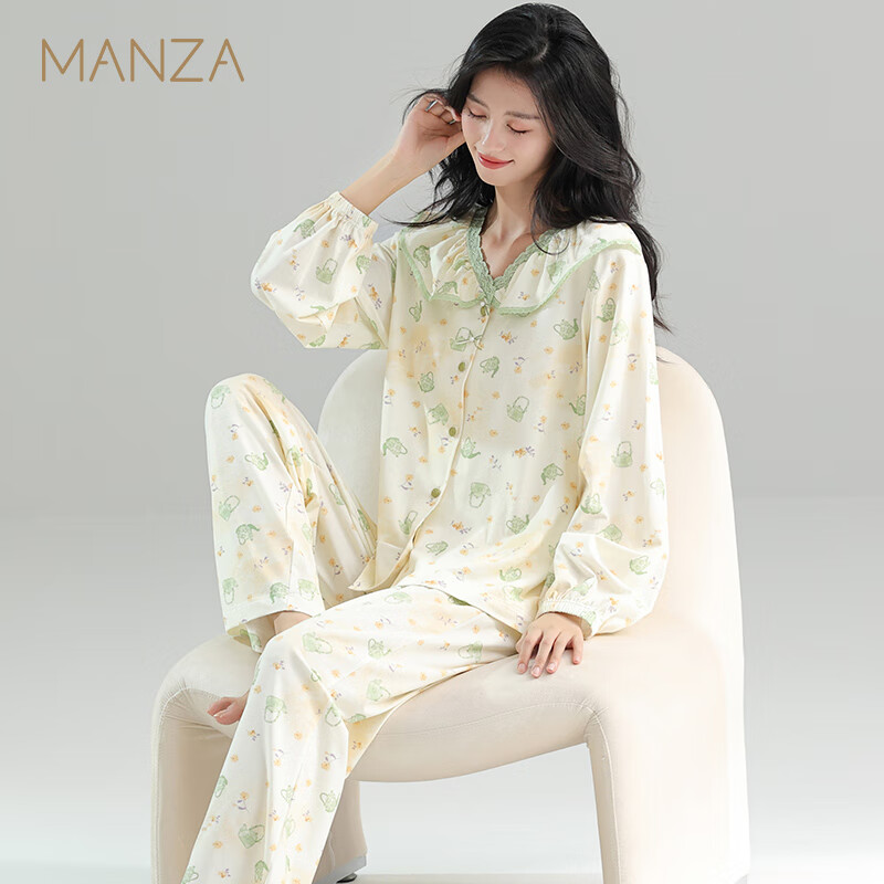 玛伦萨睡衣女春秋季2025新款可外穿长袖棉质大码女士家居服套装 豆绿 M