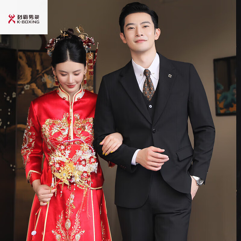 勁霸男裝（K-Boxing）勁霸淺灰色雙扣新郎結(jié)婚禮服西裝三件套裝男230斤胖子大碼主持人 黑色 【西裝+馬甲+西褲】 S