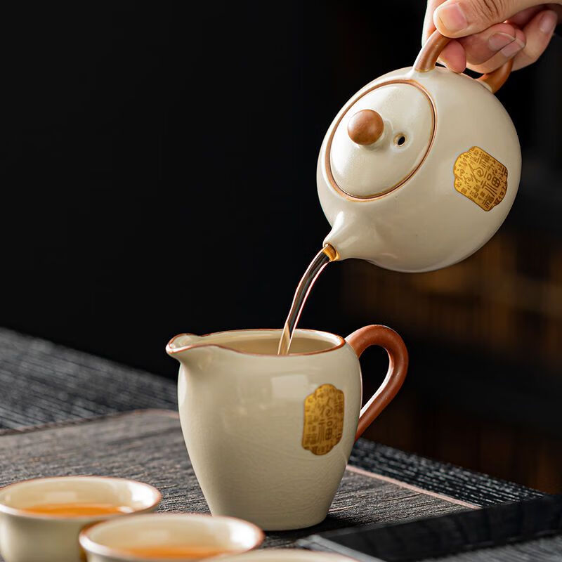 北牧星汝窑功夫茶具零配单品提梁茶壶盖碗茶杯公道茶海陶瓷茶洗开片可养 HX汝窑过滤组+汝窑金福公道杯+汝窑金福盖碗 图上有容量尺寸