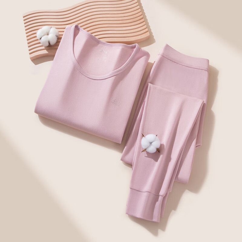 芬腾保暖内衣【纯棉 防静电】2025情侣圆领温暖打底套装秋衣秋裤 女款-樱花粉 L