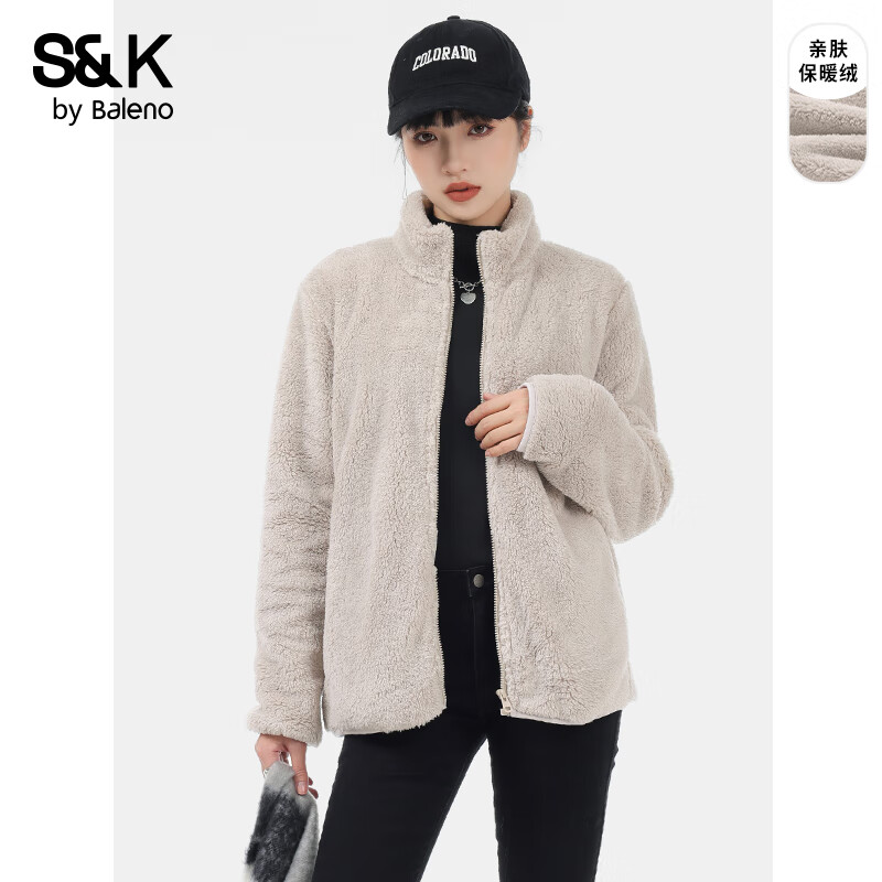 班尼路S&K系列外套女装秋冬季新款加绒保暖重磅夹克上衣服宽松亲肤抗寒3 灰#纯色 【300G重磅保暖】 S