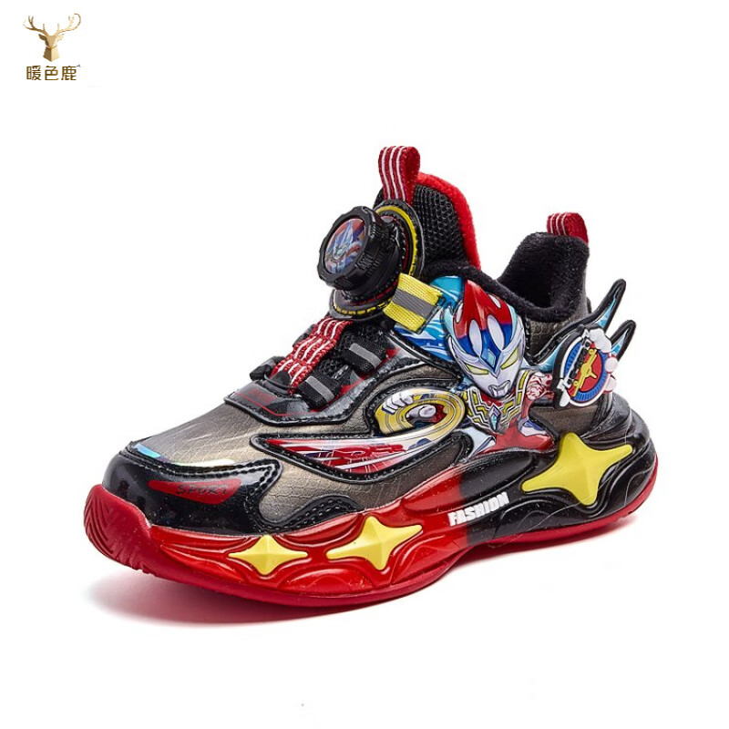 暧色鹿儿童运动鞋亮灯2025秋季新款皮面软底老爹鞋男童卡通发光跑步鞋 红色 25 内长约15.8cm