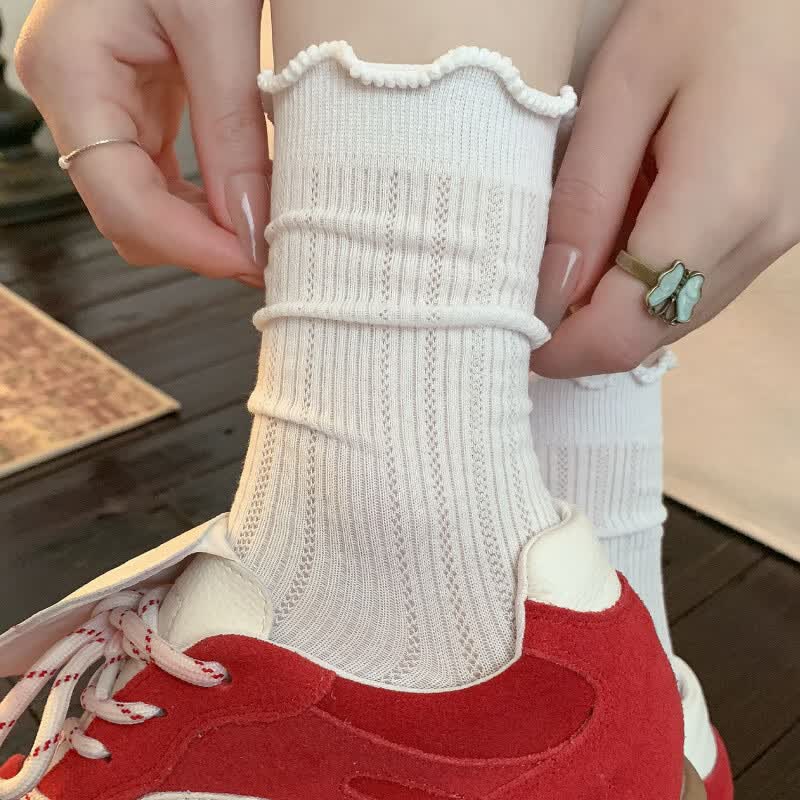 三个勾白色袜子女夏薄款网眼镂空中筒袜无骨甜美花边棉袜纯色简约堆堆袜 镂空花边中筒 2双 均码