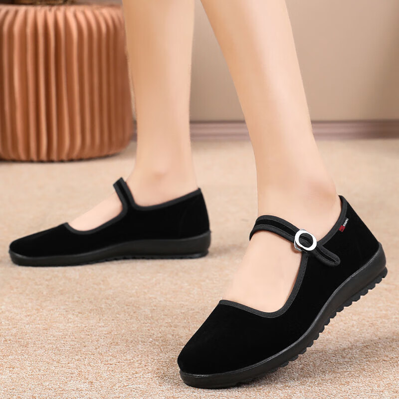双星八特老北京布鞋女平绒一字带舒适妈妈鞋舞蹈防滑软底平底鞋酒店工作鞋 黑色 36