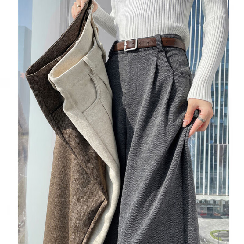 GIOIO2025年秋冬季新款女装人字纹毛呢阔腿裤拖地裤高腰休闲直筒西装裤 米杏色 加绒 158-169cm M (建议96-108斤)