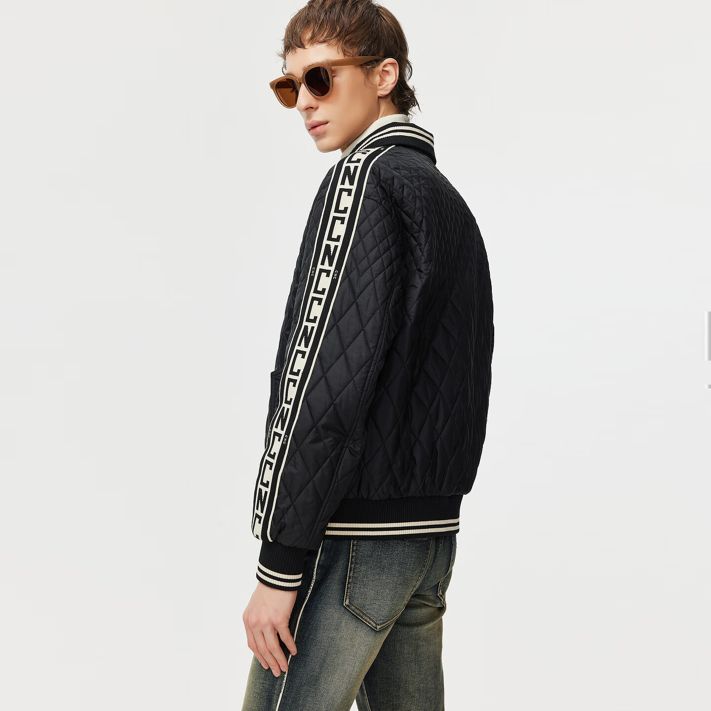 C'N'C【奢侈品衣服】CNC25新款刺绣logo翻领菱格短款棉服夹克外套男 黑色 54 /XL/(185/100A)