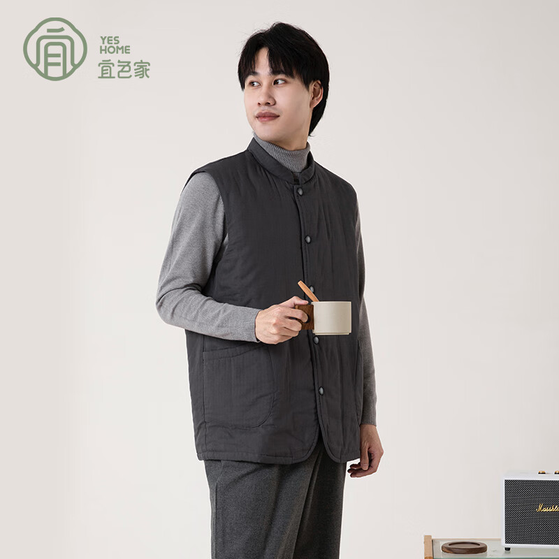 宜色家冬季加厚睡衣背心 纯棉纱织保暖棉服褂子情侣男女士可外穿家居服 傲然灰 M （女130斤）或（男160斤）