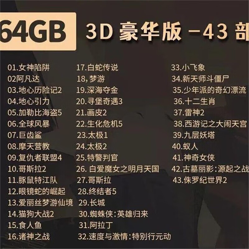 3D电影U盘左右格式1080P高清快门式3D投影仪电视好莱坞科幻大片 64GB装43部科幻电影