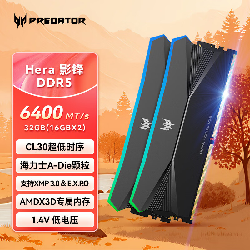 宏碁掠夺者(PREDATOR)32G(16G×2)套装 DDR5 6400频率 台式机内存条 Hera影锋系列 RGB灯条(C30) 潜影黑 AI电脑配件