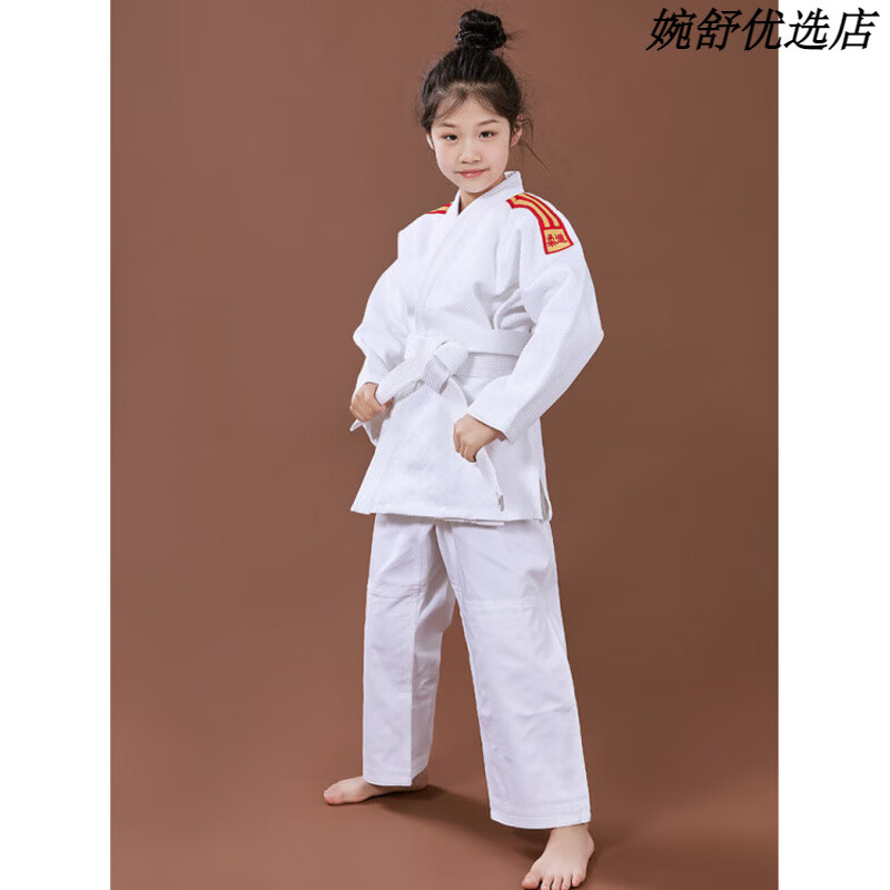 競派柔道服兒童成人大學(xué)生加厚比賽服男女訓練柔道服白藍色定制 白色+肩條紅黃 XXXS
