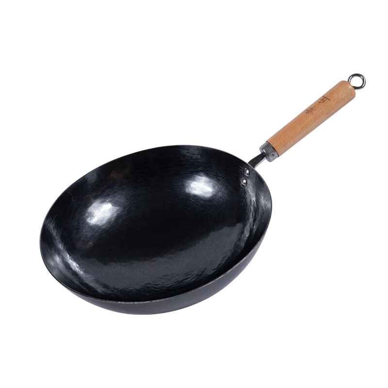 谭铁匠正宗章丘手工铁锅炒菜锅家用炒锅无涂层不易粘锅熟铁锅燃气灶用锅 木柄宗师黑锅款1-2人用【古法十万锤】 30cm