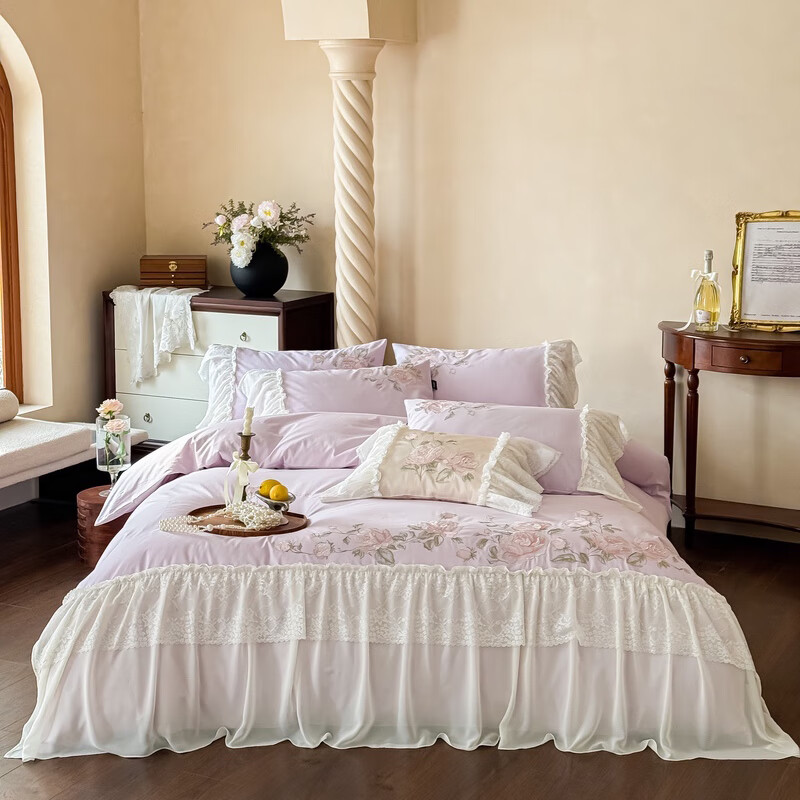 水星系列家纺高级蕾丝少女120S长绒棉轻奢全棉四件套纯棉花边被套床单床上用品 茉柔-紫 120支 全棉刺绣 1.8米床 床笠款 （被套200*230cm）