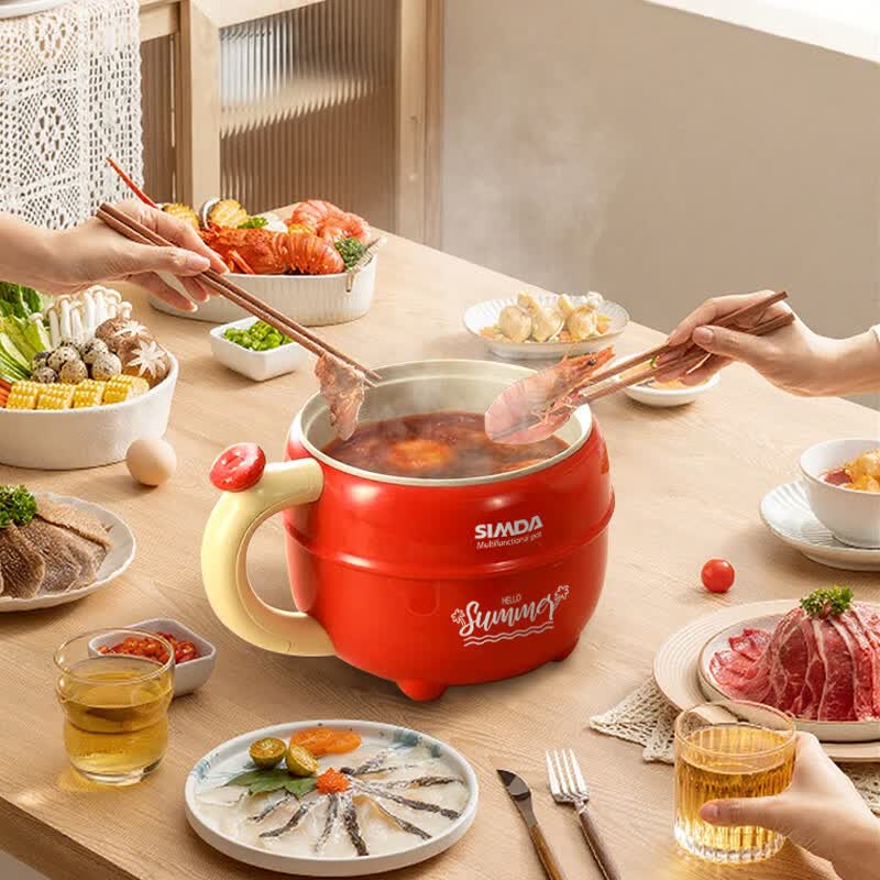 SIMDA电煮锅小型1-2人宿舍小电锅学生寝室一体泡面锅煮面锅小火锅多功能锅不粘锅钛金内锅新款多功能防水电蒸煮锅 红色【1.5L配不锈钢蒸笼】