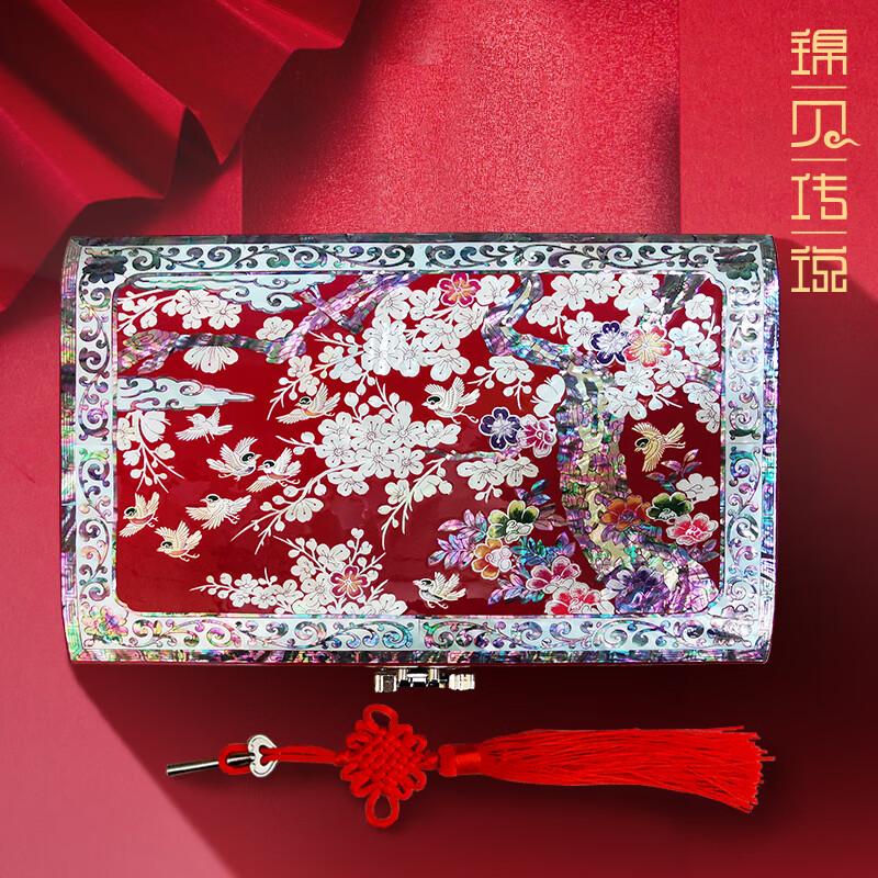 錦貝傳說(shuō)螺鈿漆器首飾盒精致木質(zhì)手飾品收納盒結婚三金首飾盒 紅色帶鎖結婚首飾盒