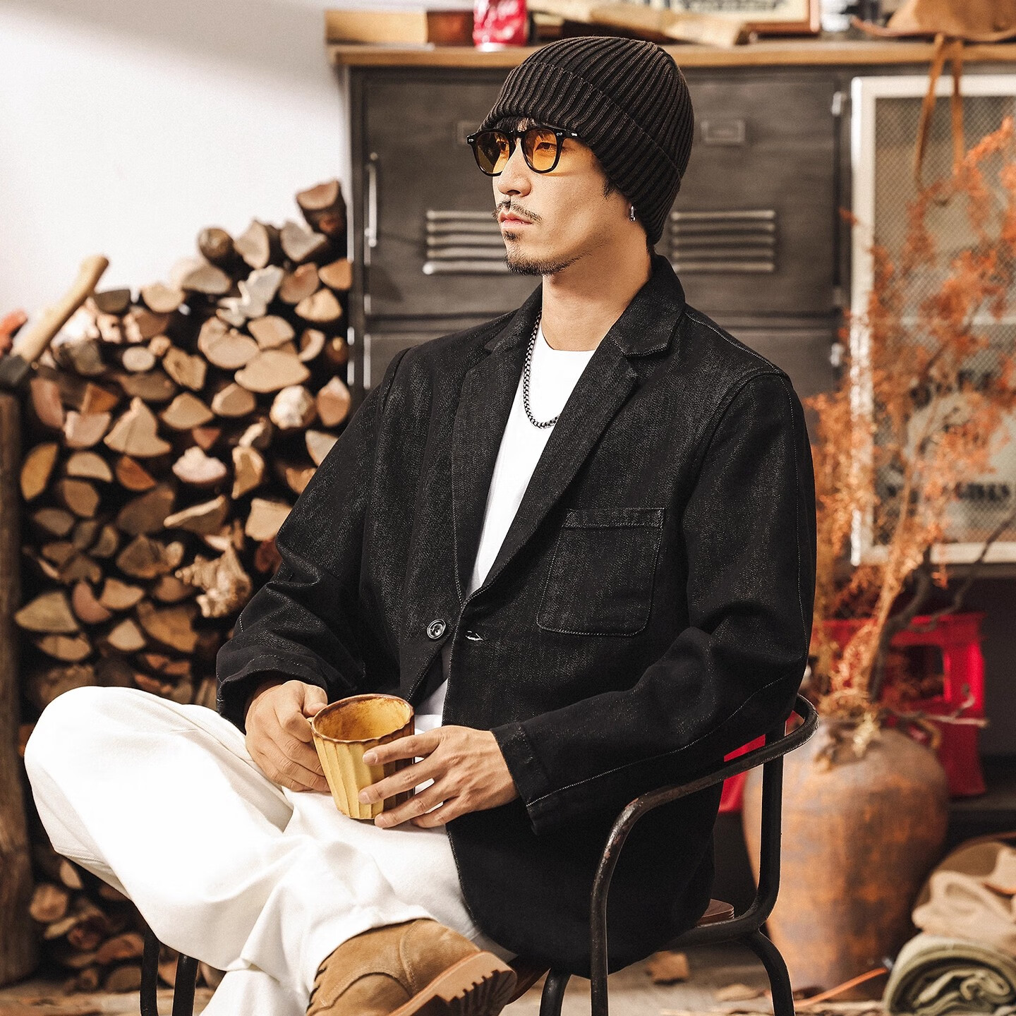 杰雷诺美式复古丹宁水洗西装夹克牛仔外套男春秋轻熟通勤宽松休闲西服男 蓝黑 M 适合100-125斤