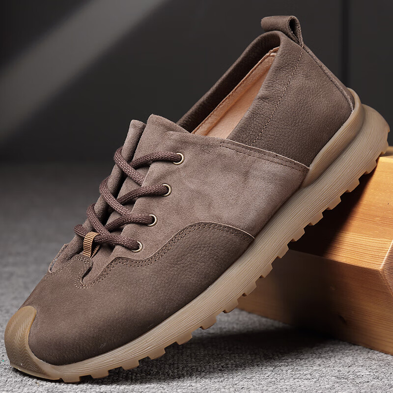 渡诺班尼头层夏季透气单层磨砂皮复古牛筋软底羊皮男士休闲鞋 深灰色_932-10深灰 40