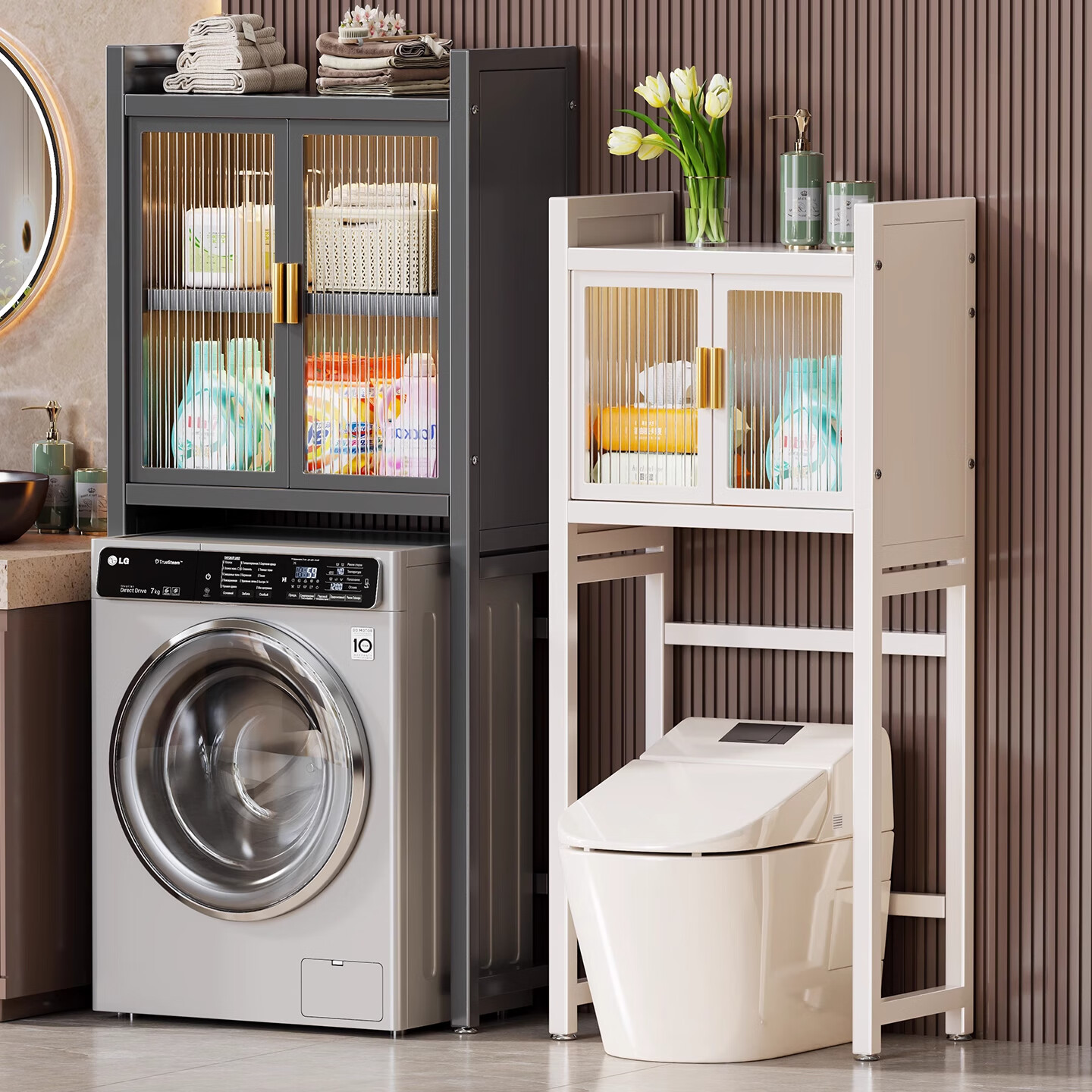 木格格洗衣机置物架翻盖波轮滚筒储物架子卫生间厕所马桶落地上方收纳柜 马桶架二层白色