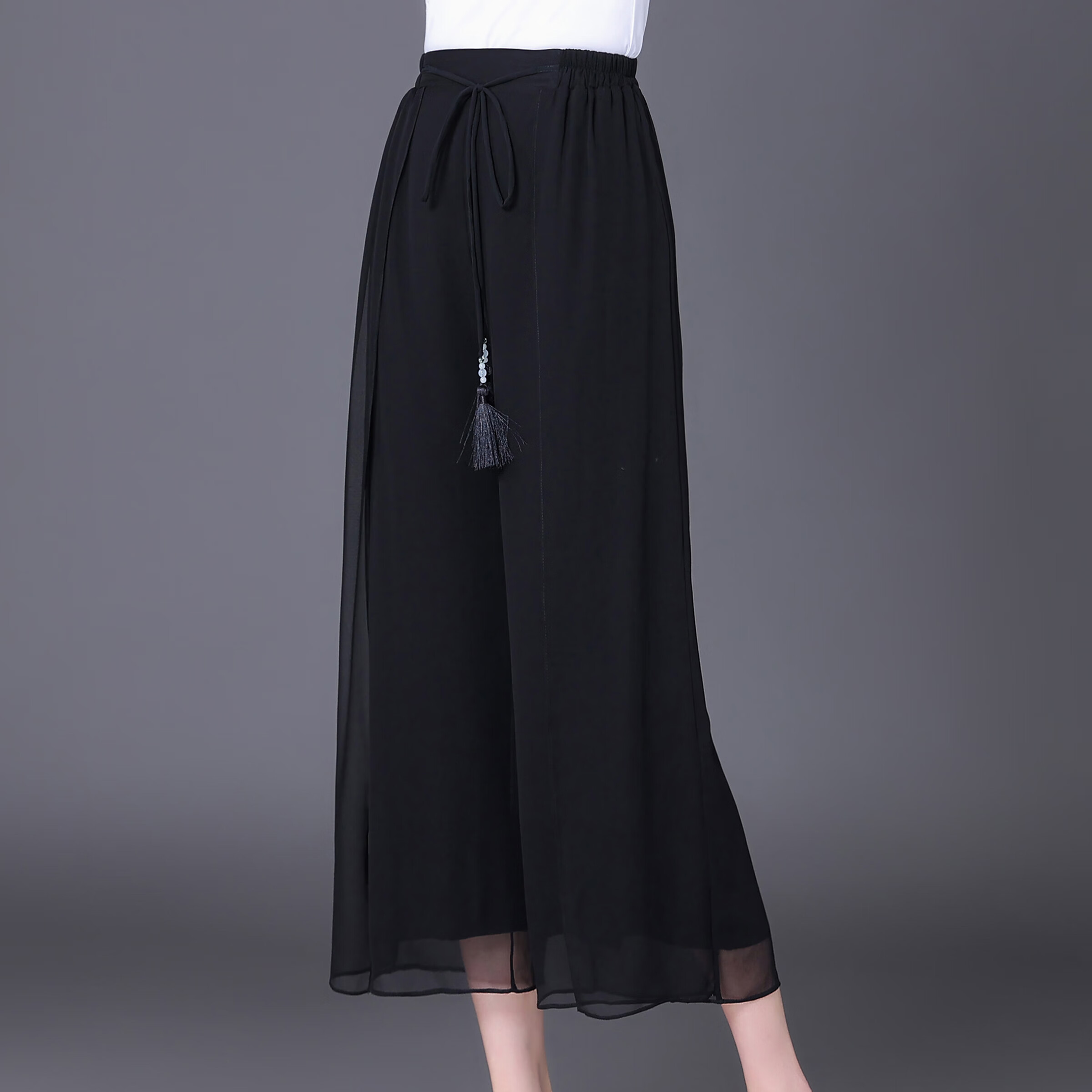 洛玺曼桑蚕丝女士夏季七分裤新款时尚黑色百搭大码显瘦真丝直筒裤