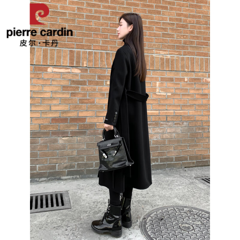 皮尔卡丹(pierre cardin)黑色双面羊毛绒呢子大衣女士秋冬季感正肩赫本风毛呢外套中长款 黑色 S 建议108斤以内