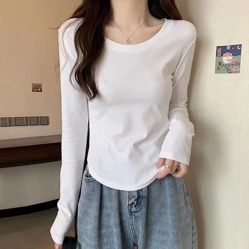 [95棉]纯棉正肩长袖T恤女新款早秋设计感小众内搭薄款圆领打底衫 白色 M