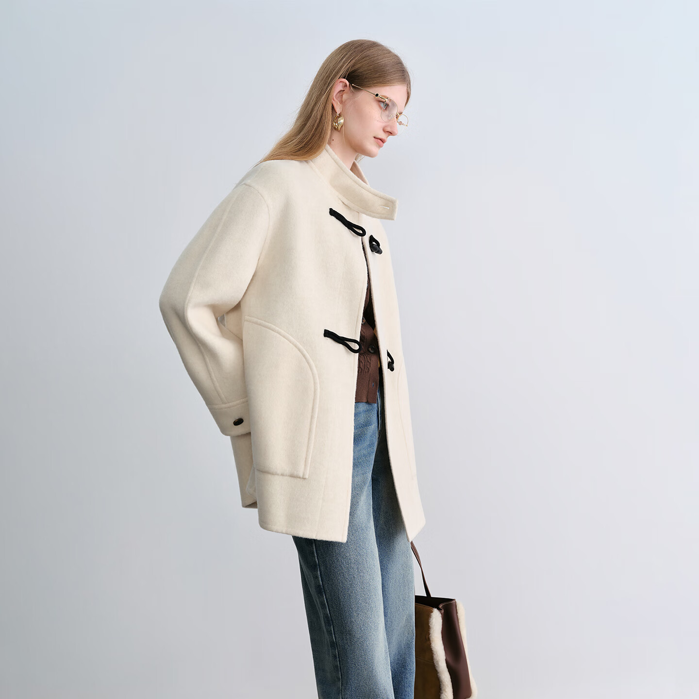 自巧巧制STUDIO 小个子牛角扣羊毛大衣女2025新款立领双面呢外套 奶油白短款 XXS (尺码：1）