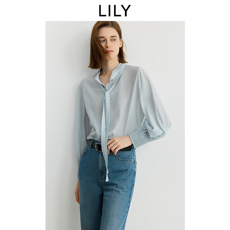 LILY2025秋新款醋酸混纺木耳边立领飘带泡泡袖休闲通勤长袖衬衫女 401蓝色 M