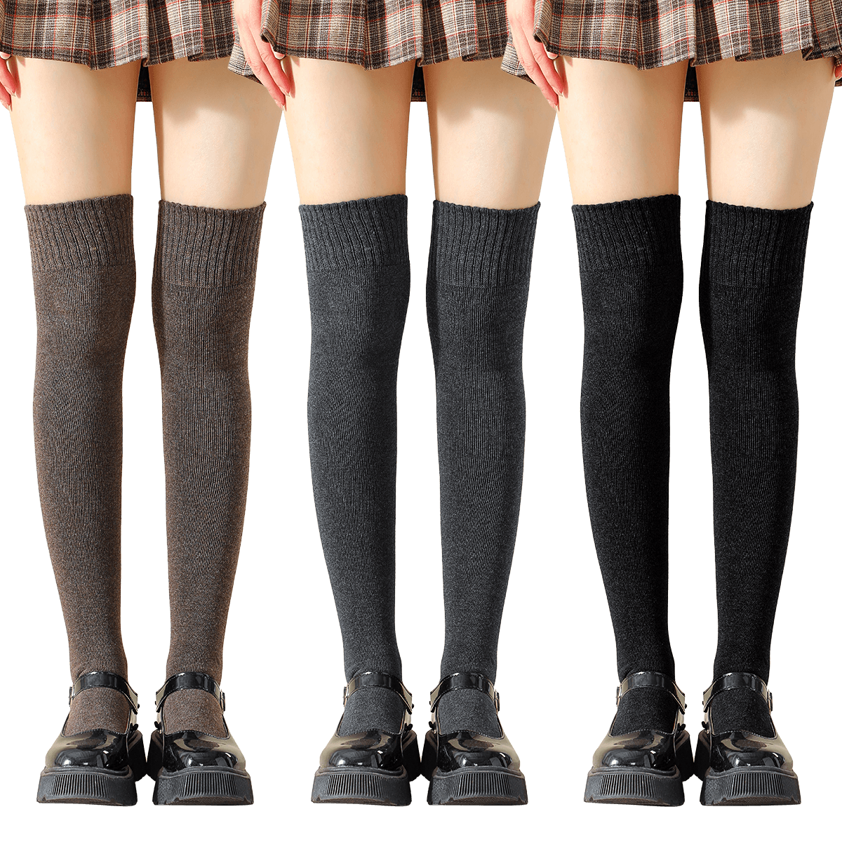 六月玫瑰[3双装过膝袜】加厚地板袜过膝袜女长筒袜秋冬袜子女秋冬 黑+深灰+咖啡 均码
