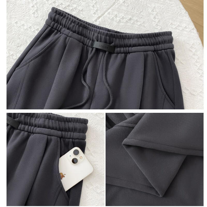 翊尚美休闲裤女新款2025年秋冬加绒加厚小个子宽松阔腿裤棉质百搭运动裤 深灰色 【优质抗起球面料】 L 【适合111-125斤】