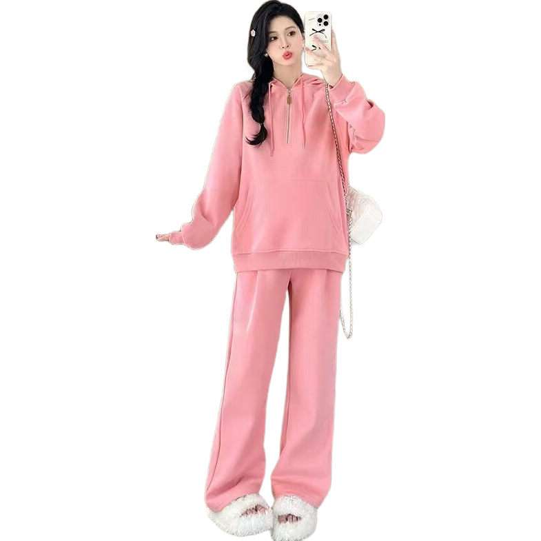 苒祺祺孕婦裝秋季套裝上衣長(cháng)袖寬松連帽拉鏈衛衣褲子兩件套2025新款秋裝 粉色套裝 M