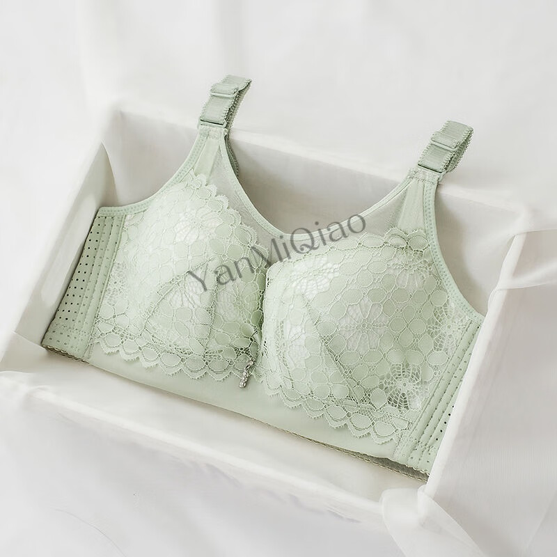 无钢圈胖mm大罩杯上托聚拢夏季防走光大码文胸 抹茶绿 无钢圈 36/80c