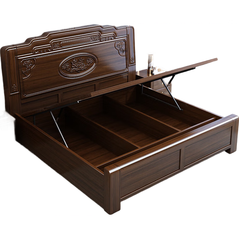 卡諾芬（kanuofen）金絲檀木實木床新中式雕花床主臥雙人床古典大床高箱儲物婚床簡約 1.5*2米側(cè)開氣壓抽屜床【床板cm厚】 實木床+床頭柜*2