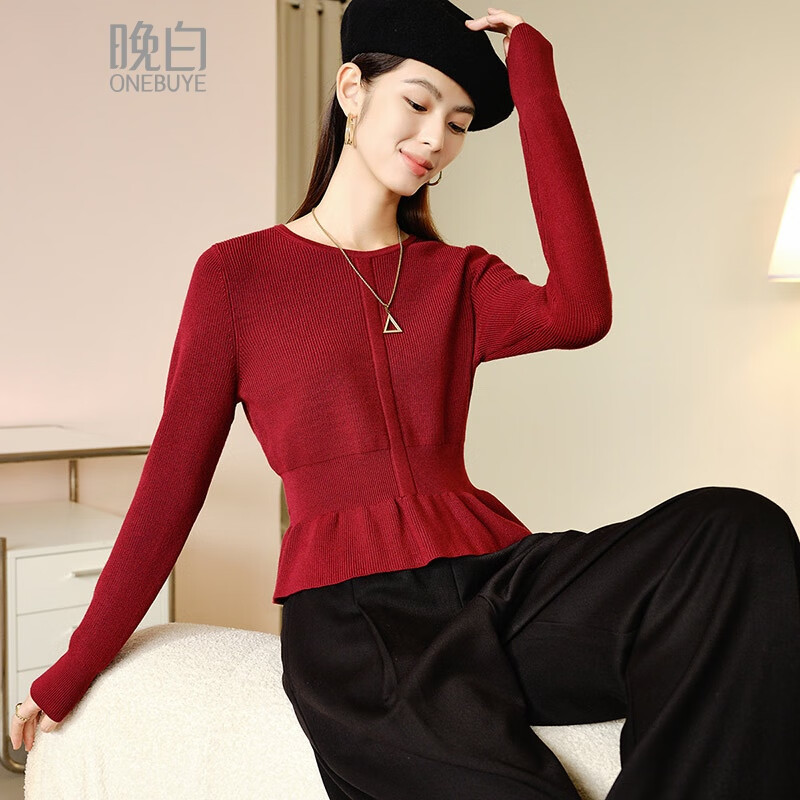 晚白【新品】2025秋款设计感中国红毛衣气质收腰显瘦显白针织衫女 安可拉红 XL