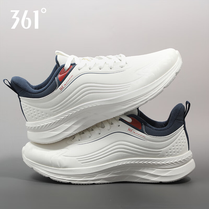 361°男鞋皮面运动鞋防水减震跑鞋2025新款秋冬男士跑步鞋轻便休闲鞋 2235羽毛白/油墨蓝【革面】 39