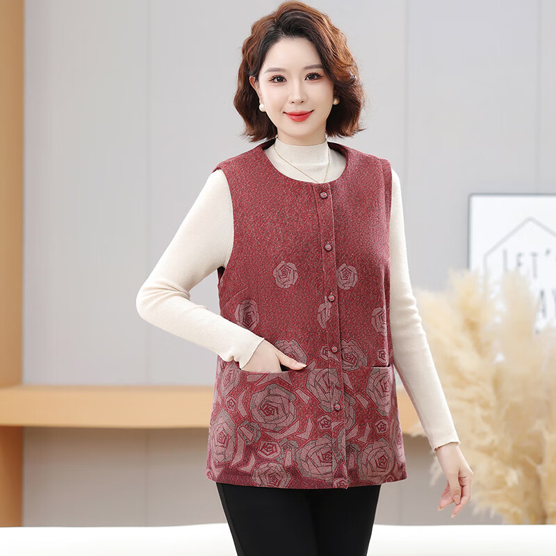 榄舍大码妈妈圆领马甲女秋装加厚款坎肩外套中老年胖太太加肥保暖马夹 红色 7XL (建议210-235斤)