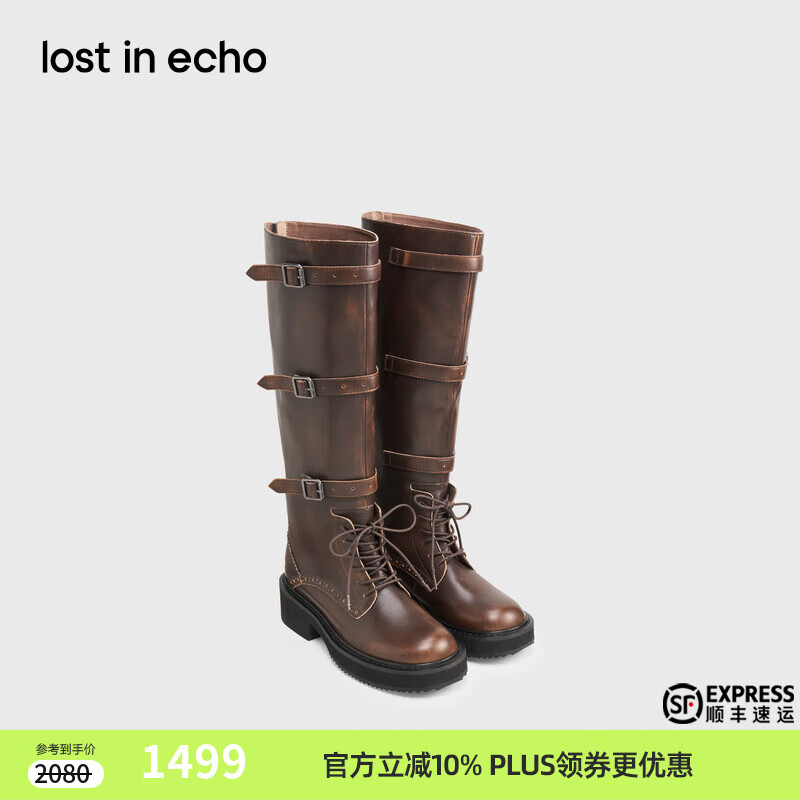 lost in echo2025早秋新款圆头扣饰绑带高筒骑士靴 棕擦色 38